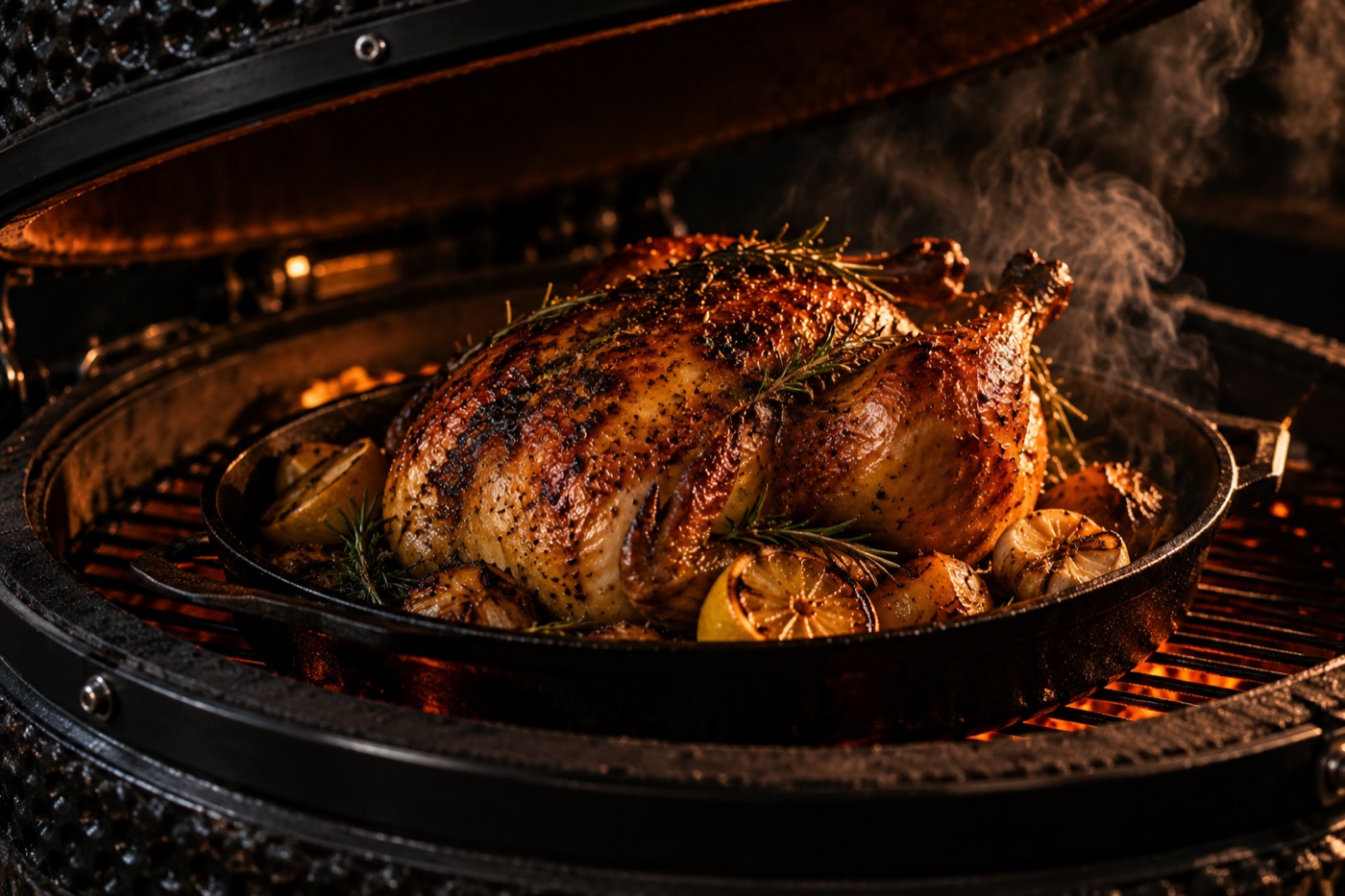 Pollo entero al kamado
